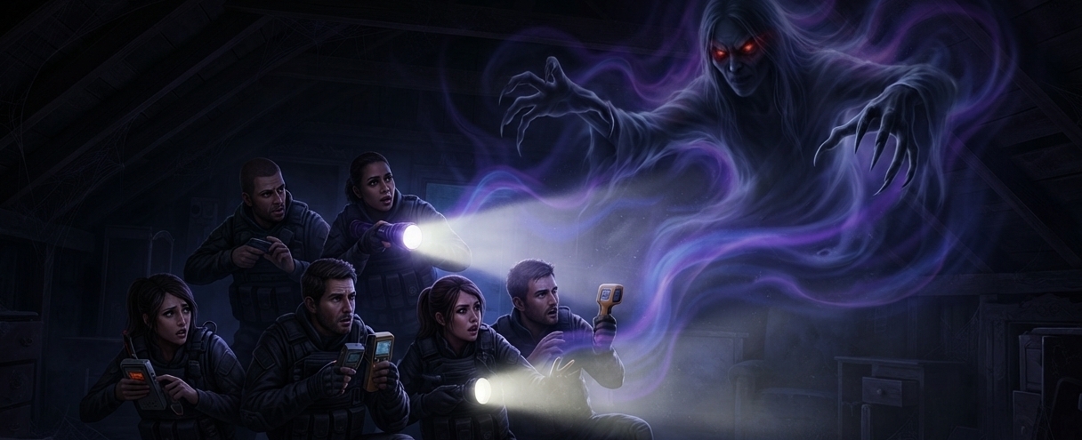 Five investigators with flashlights and ghost-hunting gear crouch in a dark attic as a spectral entity with red eyes reaches toward them.